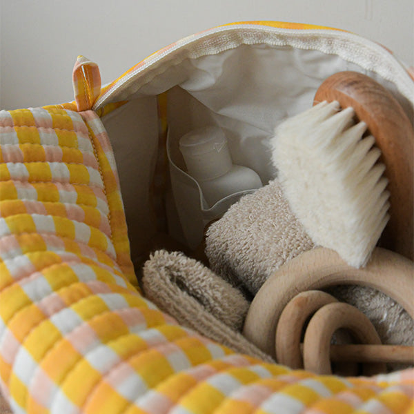 Gingham Quilted Pouch - Mustard & Soft Pink